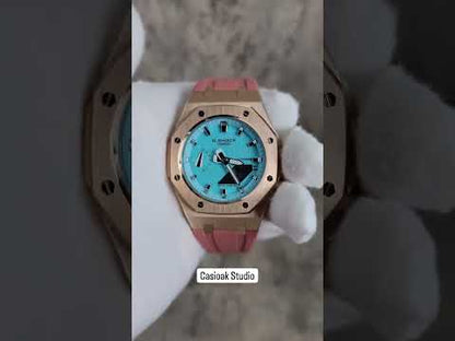 Casioak Mod Watch Rose Gold Case Pink Rubber Strap Tiff Blue Silver Time Mark Tiff Blue Dial 42mm