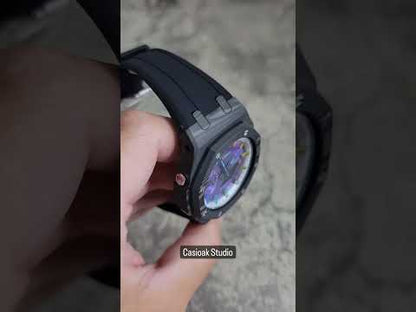 卡西歐克模組碳纖維黑色 外殼 黑色錶帶 銀色彩虹時間標記 紫色錶盤 44mm