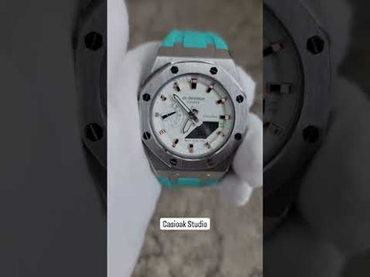 Casioak Mod 시계 실버 케이스 Tiffany Rub 화이트 로즈 골드 타임 마크 화이트 다이얼 42mm