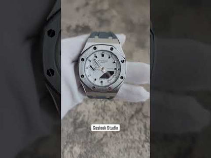 Casioak Mod手表银色表壳灰色擦白色银色时间标记白色表盘42毫米