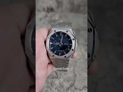 卡西歐克模組高級銀 外殼 金屬錶帶 藍色銀色 時間標記 藍色華夫餅錶盤 44mm