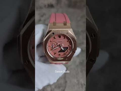 Casioak Mod 手錶玫瑰黃金 外殼 粉紅擦粉玫瑰金時間標記粉色表盤 42mm