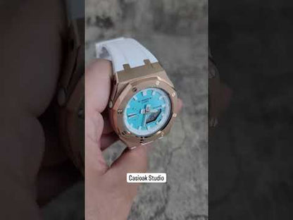 Casioak Mod 手錶玫瑰黃金 外殼 白色摩擦白色時間標記蒂芙尼藍色錶盤 42mm