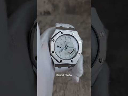 Casioak Mod Watch Prata Case Branco Rub Branco Time Mark Mostrador Branco 42mm