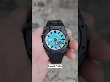 Casioak Mod 黑色 外殼 金屬錶帶白色黑色時間標記蒂芙尼藍色錶盤 42mm