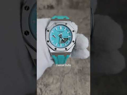 Casioak Mod Watch Silver Case Tiff Rubber Strap Tiff Silver Time Mark Tiff Blue Dial 42mm (Copy)