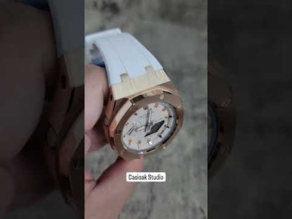 Casioak Mod Prata Case Branco Rub Bege Rosa Ouro Time Mark Mostrador Bege 42mm