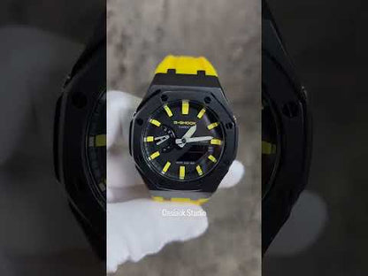 卡西歐克模組黑色 外殼 黃色擦黑色黃色時間標記黑色錶盤 44mm