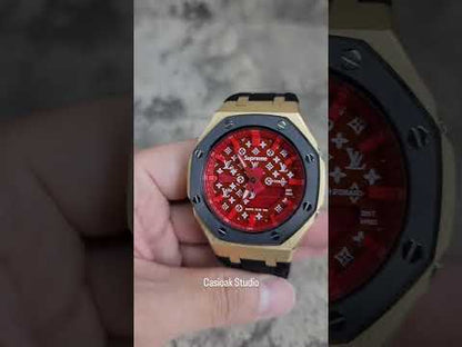 Casioak Mod Black Gold Case Black Rub Red Time Mark Red Clol 44mm