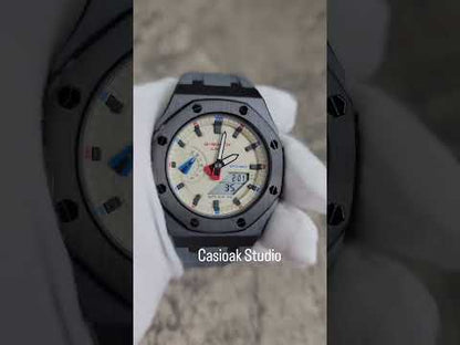 Casioak Mod Watch Black Case Gray Rubber Strap Beige Black Time Mark Beige Dial 42mm
