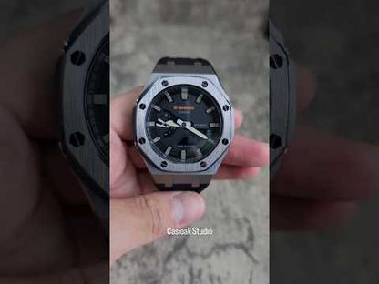 Casioak Mod Watch Gray Case Black Rubber Strap Black Gray Time Mark Black Dial 44mm