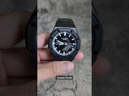 Casioak Mod Preto Case Metal Strap Preto Cinza Claro Time Mark Black Waffle Dial 44mm