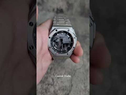 卡西歐克模組高級銀 外殼 金屬錶帶 灰色 銀色 時間標記 灰色 錶盤 44mm