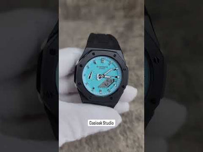 Casioak Mod Watch Zwart Hoesje Zwart Wrijf Tiffany Zilveren Tijd Mark Tiffany Blauwe Wijzerplaat 42mm