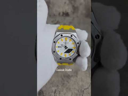 Casioak Mod 시계 실버 케이스 옐로우 Rub 화이트 옐로우 타임 마크 화이트 다이얼 42mm