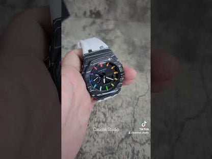 卡西奧克模組碳纖維 外殼 白色錶帶黑色彩虹時間標記黑色錶盤 44mm