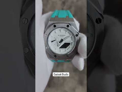 Casioak Mod Watch Silver Case Tiffany Rubber Strap White Time Mark White Dial 42mm