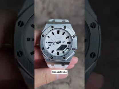Casioak Mod Watch sølv kasse Hvit rull Hvit svart tid Mark Hvit urskive 42mm