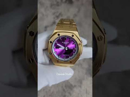 Casioak Mod Watch Gold Case Metal Strap Silver Time Mark Purple Dial 44mm