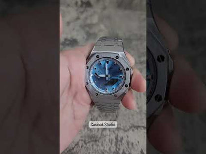 Casioak Mod Prata Case Metal Strap Prata Time Mark Ice Blue Dial 44mm