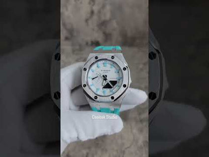 Casioak Mod Uhr Silber Fall Tiffany Rub Weiß Blau Zeit Mark Weißes Zifferblatt 42mm