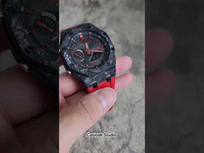 Casioak Mod Solar Bluetooth Carbon Fiber Superior Zwart Hoesje Rode Riem Zwart Rood Tijd Mark Zwarte Wijzerplaat 44mm