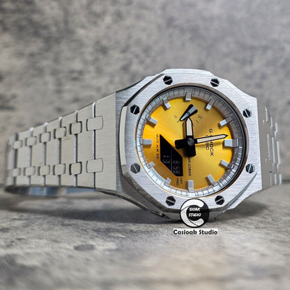 Casioak Mod Watch Silver Case Metal Strap Silver Time Mark Gold Dials 44mm