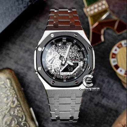 Orologio Casioak Mod cassa nera e argento cinturino in metallo indicatori dell'ora neri e grigi quadranti Lunar Eclipse bianchi e neri 44mm