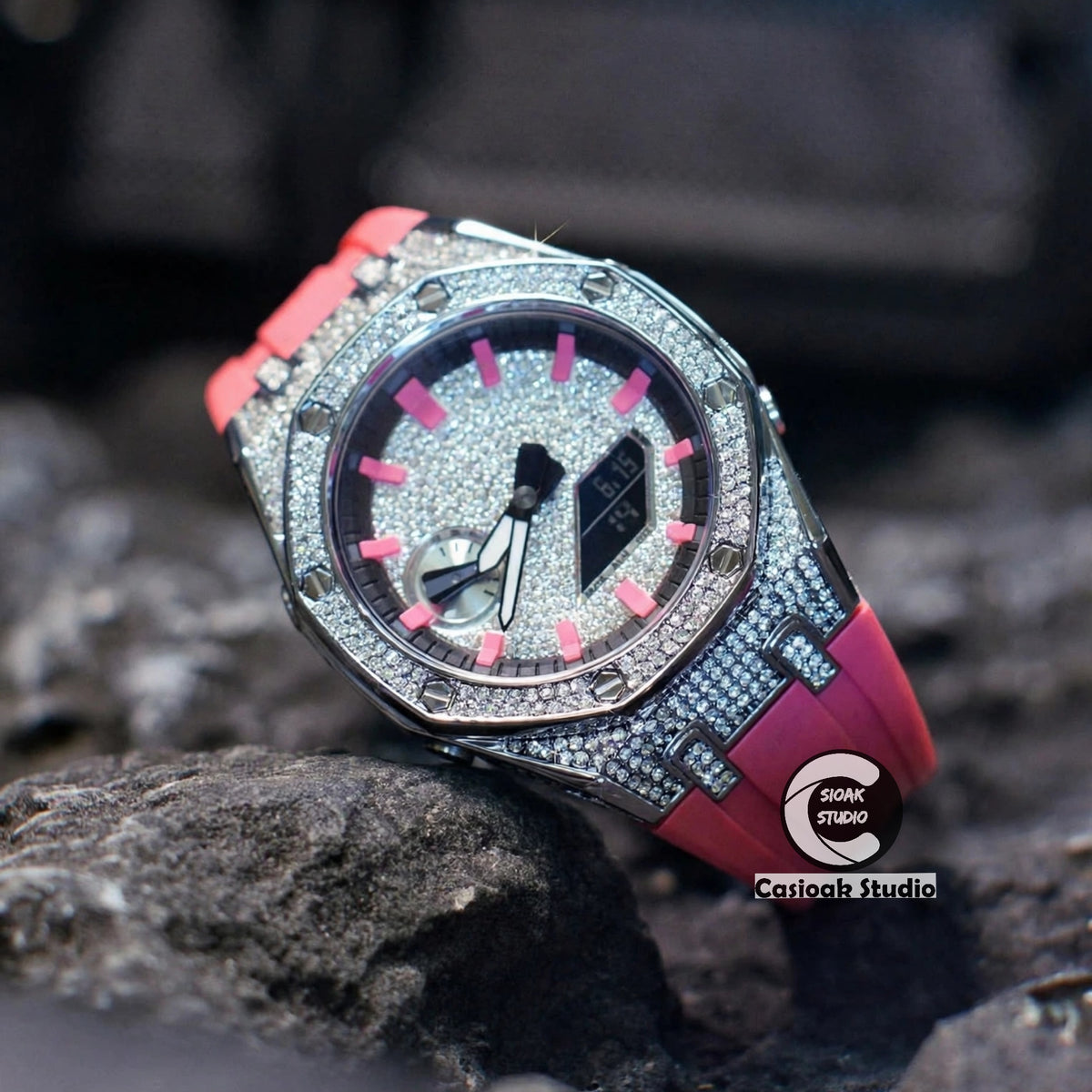 Casioak Mod Watch Diamond Style Silver Case Pink Strap Black Pink Time Mark Diamond Style Dials 44mm