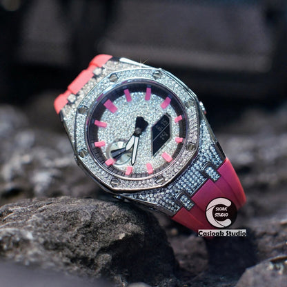 Casioak Mod Watch Diamond Style Silver Case Pink Strap Black Pink Time Mark Diamond Style Dials 44mm