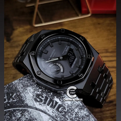 Casioak Mod Watch Polished Black Case Metal Strap Black Time Mark Black Dials 44mm