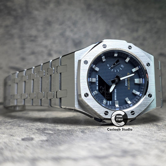 Casioak Mod Watch Silver Case Metal Strap Silver Time Mark Blue Waffle Dials 42mm
