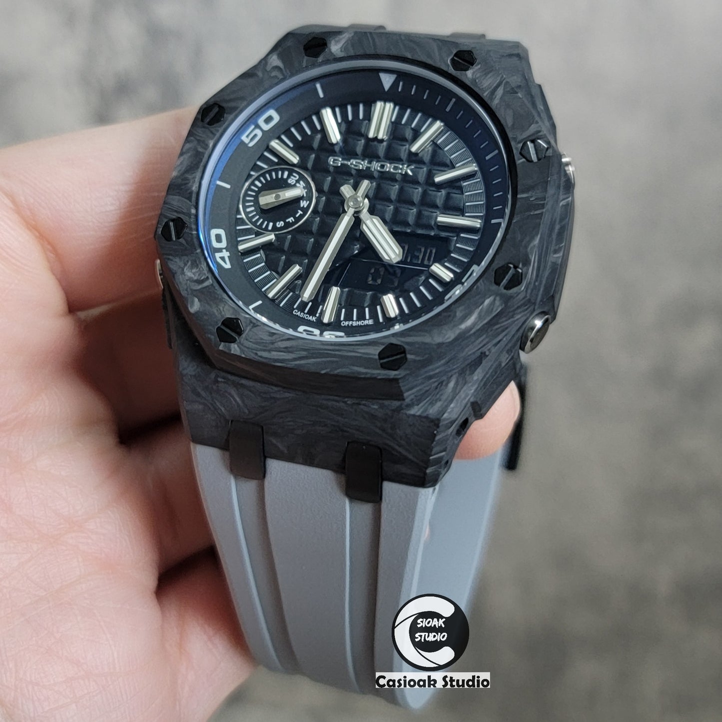 Casioak Mod Watch NEW Carbon Fiber Offshore Superior Black Case Gray Strap Black Silver Time Mark Black Dial 44mm Sapphire Glass