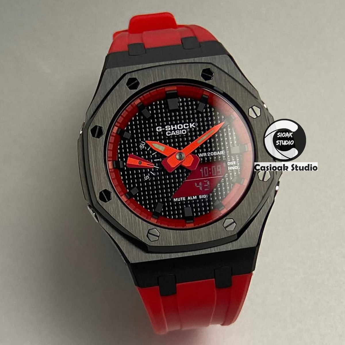 Casioak Mod Watch Black Case Red Rubber Strap Red Black Time Mark Black Waffle Dials 44mm