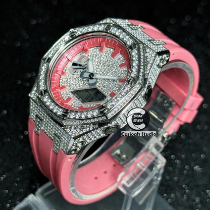 Casioak Mod Watch Diamond Style Silver Case Red Strap Red Time Mark Diamond Style Dials 44mm