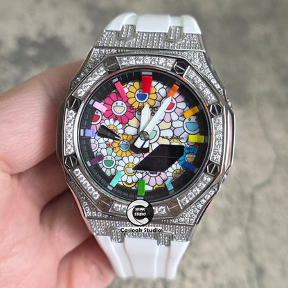Casioak Mod Watch Diamond Silver Case White Strap Black Rainbow Time Mark Takashi Murakami Dials 44mm