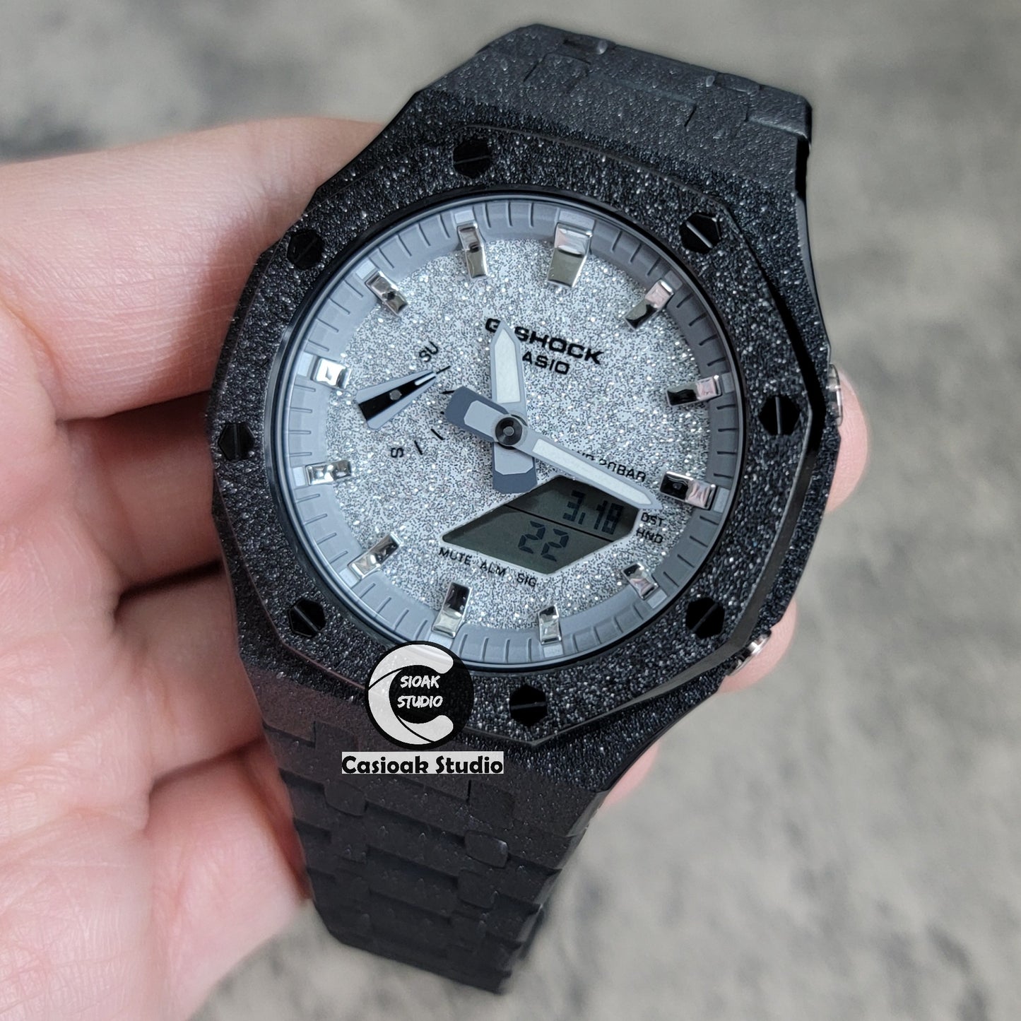 Casioak Mod Watch Frosted Black Case Metal Strap Gray Silver Time Mark Starry Silver Dial 44mm