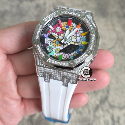 Casioak Mod Watch Diamond Silver Case White Strap Black Rainbow Time Mark Takashi Murakami Dials 44mm