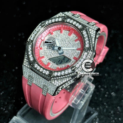 Casioak Mod Watch Diamond Style Silver Case Red Strap Red Time Mark Diamond Style Dials 44mm