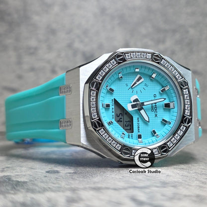 Casioak Mod Watch Diamond Silver Case Tiff Strap Tiff Silver Time Mark Tiff Blue Dials 42mm