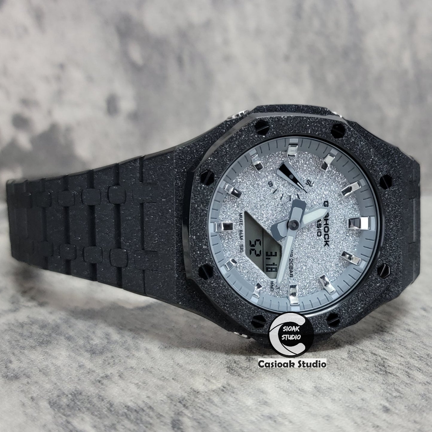 Casioak Mod Watch Frosted Black Case Metal Strap Gray Silver Time Mark Starry Silver Dial 44mm