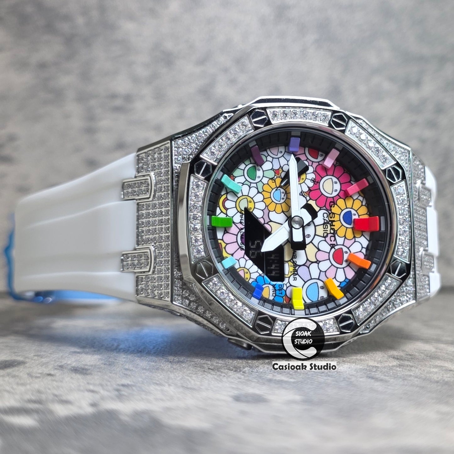 Casioak Mod Watch Diamond Silver Case White Strap Black Rainbow Time Mark Takashi Murakami Dials 44mm
