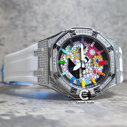 Casioak Mod Watch Diamond Silver Case White Strap Black Rainbow Time Mark Takashi Murakami Dials 44mm