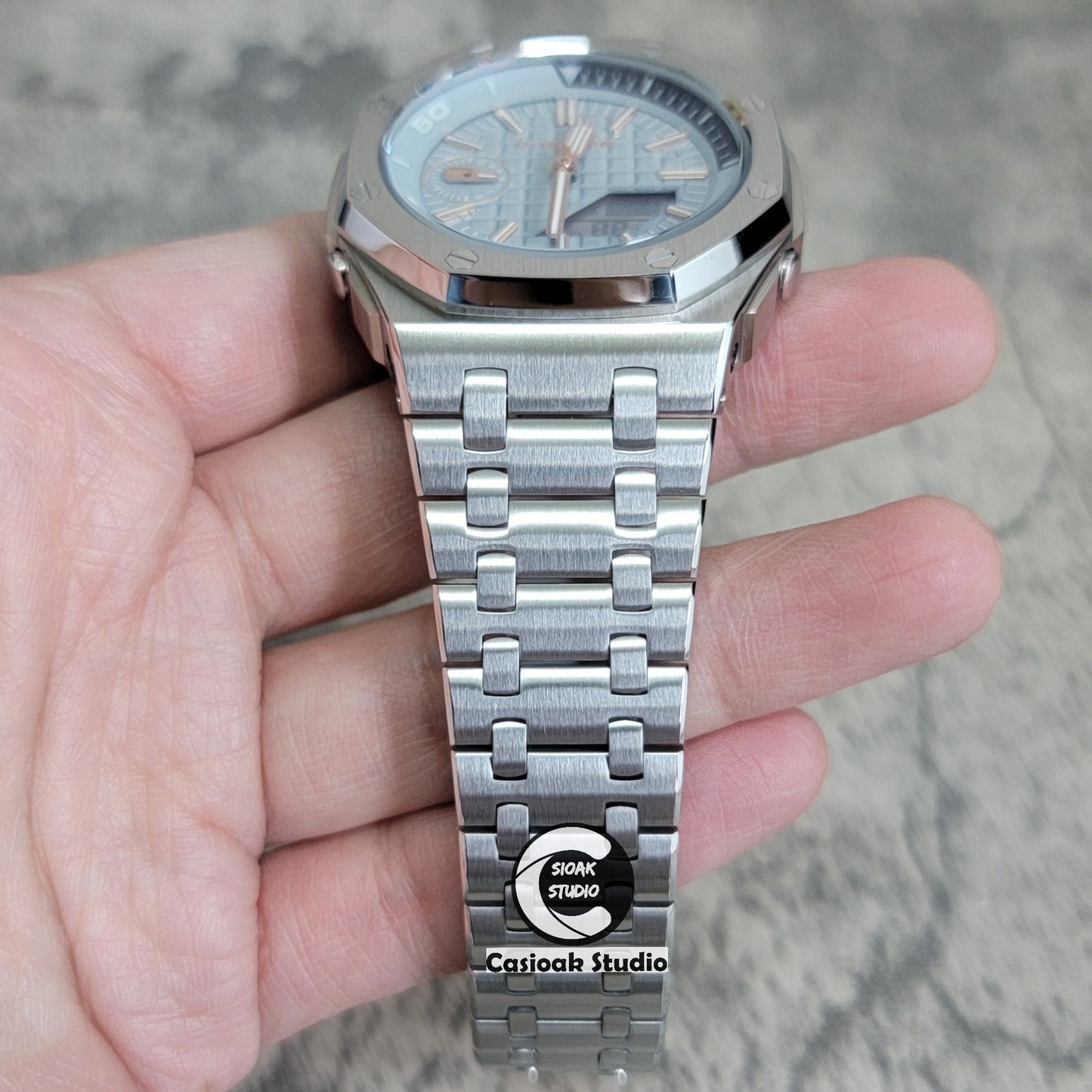 Casioak Mod Watch NEW Offshore Superior Silver Case Metal Strap Gray Rose Gold Time Mark Gray Waffle Dial 44mm Sapphire Crystal Sapphire Glass - Casioak Studio