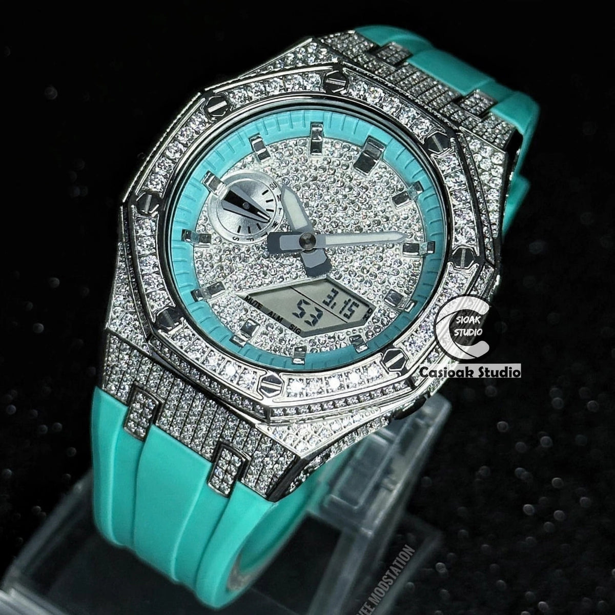 Casioak Mod Watch Diamond Style Silver Case Tiff Strap Tiff Silver Time Mark Diamond Style Dials 44mm