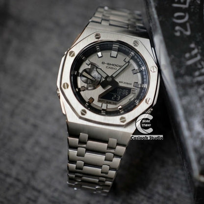 Casioak Mod Watch Offshore Superior Silver Case Metal Strap Black Gray Time Mark Gray Dials 44mm Gm2100