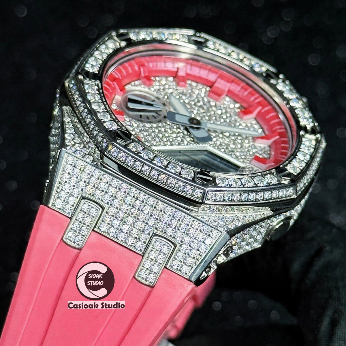Casioak Mod Watch Diamond Style Silver Case Red Strap Red Time Mark Diamond Style Dials 44mm