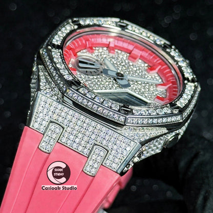 Casioak Mod Watch Diamond Style Silver Case Red Strap Red Time Mark Diamond Style Dials 44mm
