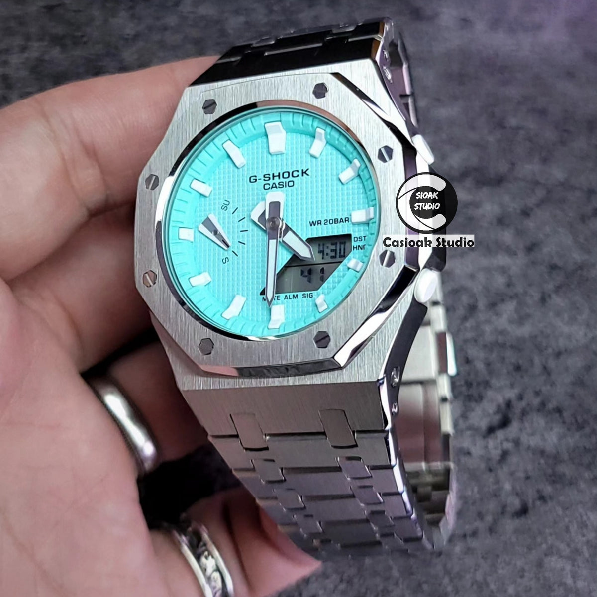 Casioak 改裝手錶 銀色錶殼 金屬錶帶 Tiff White 時標 Tiff Blue 錶盤 42mm