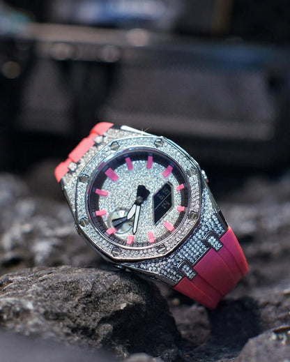 Casioak Mod Watch Diamond Style Silver Case Pink Strap Black Pink Time Mark Diamond Style Dials 44mm